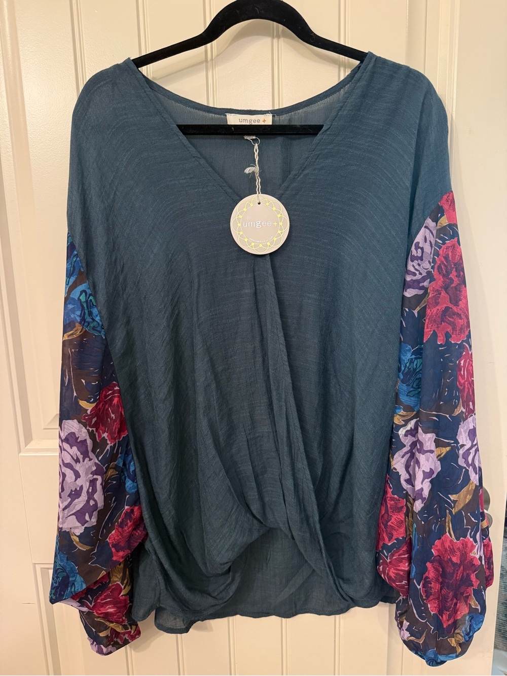 Umgee Teal V-Neck Twist Front Top with Multicolor Floral Balloon Sleeves